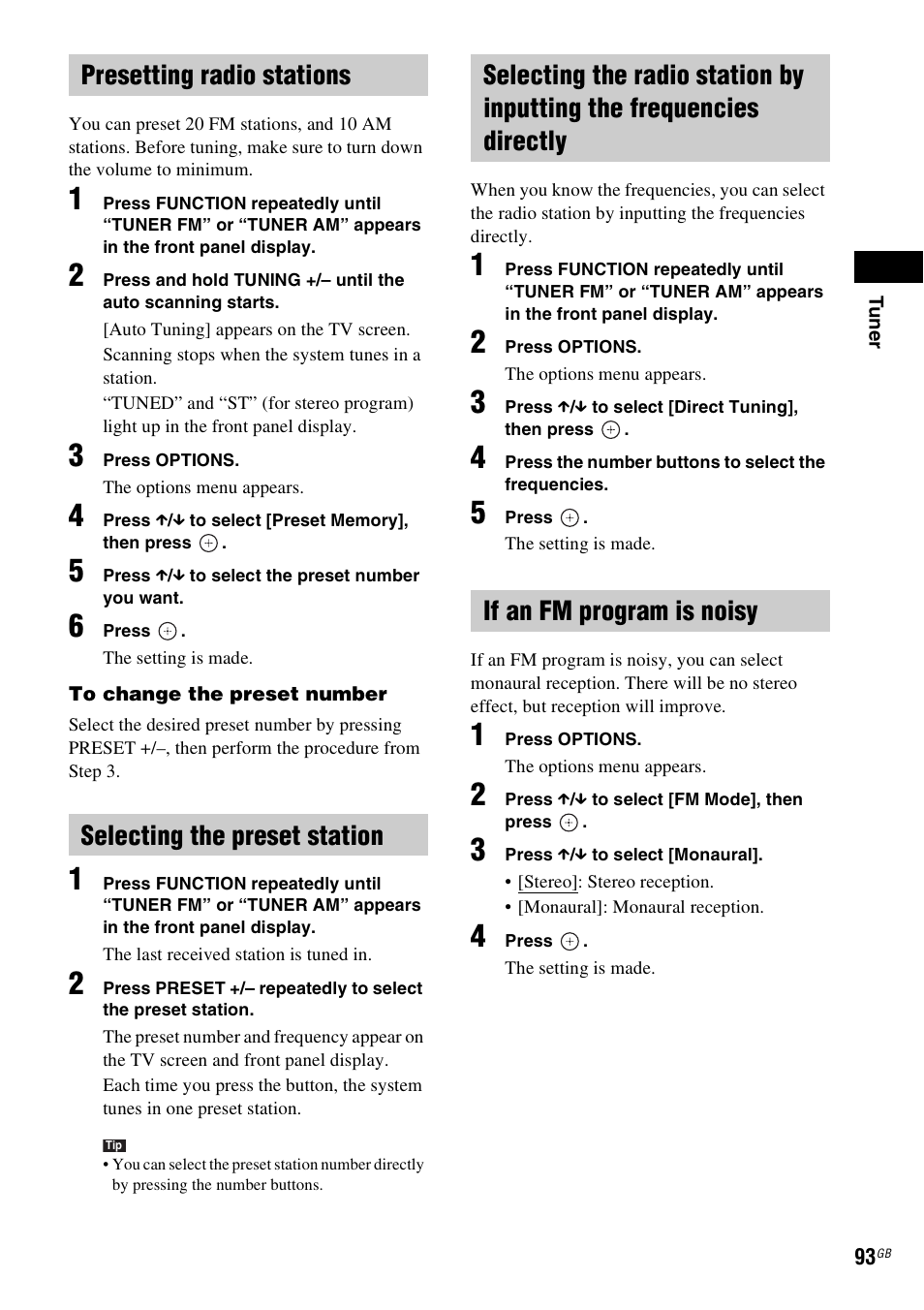 Presetting radio stations, Selecting the preset station, If an fm program is noisy | Sony BDV-IT1000 User Manual | Page 93 / 159