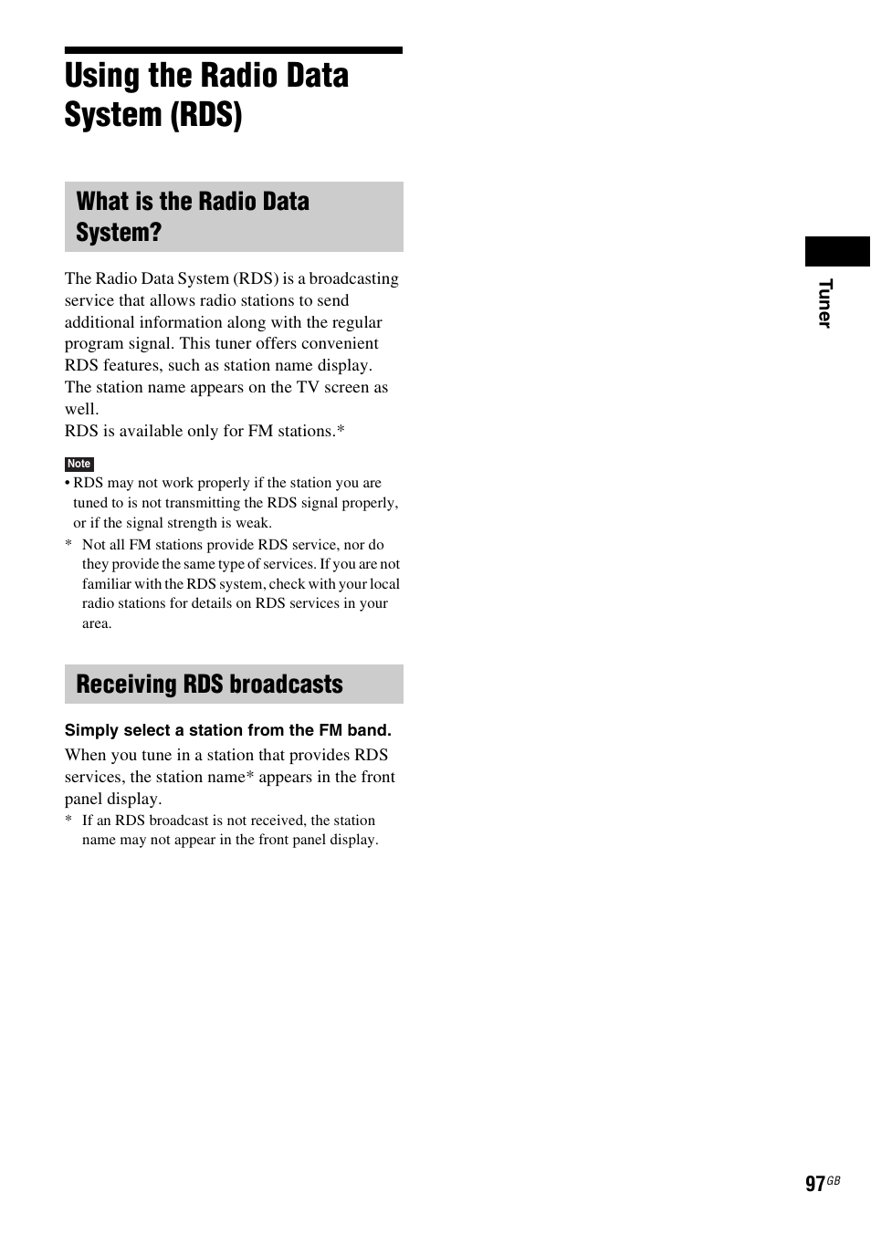 Using the radio data system (rds), What is the radio data system, Receiving rds broadcasts | Sony BDV-IT1000 User Manual | Page 97 / 159
