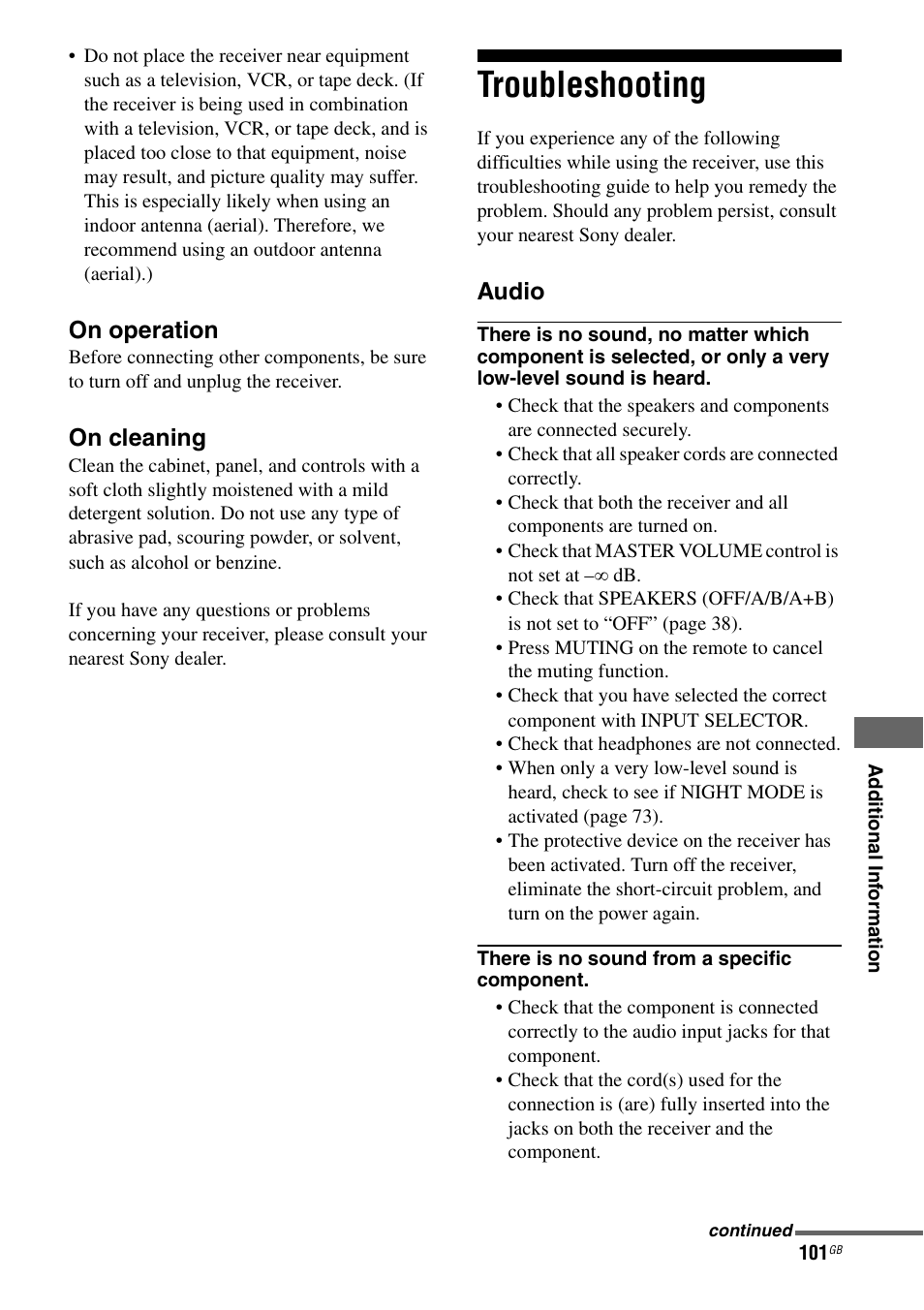 Troubleshooting, On operation, On cleaning | Audio | Sony STR-DA1200ES User Manual | Page 101 / 111