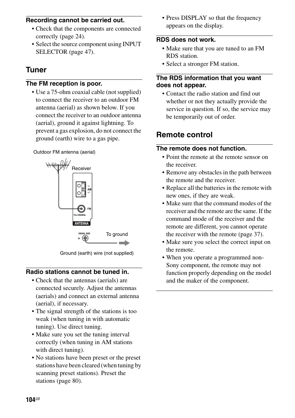 Tuner, Remote control | Sony STR-DA1200ES User Manual | Page 104 / 111