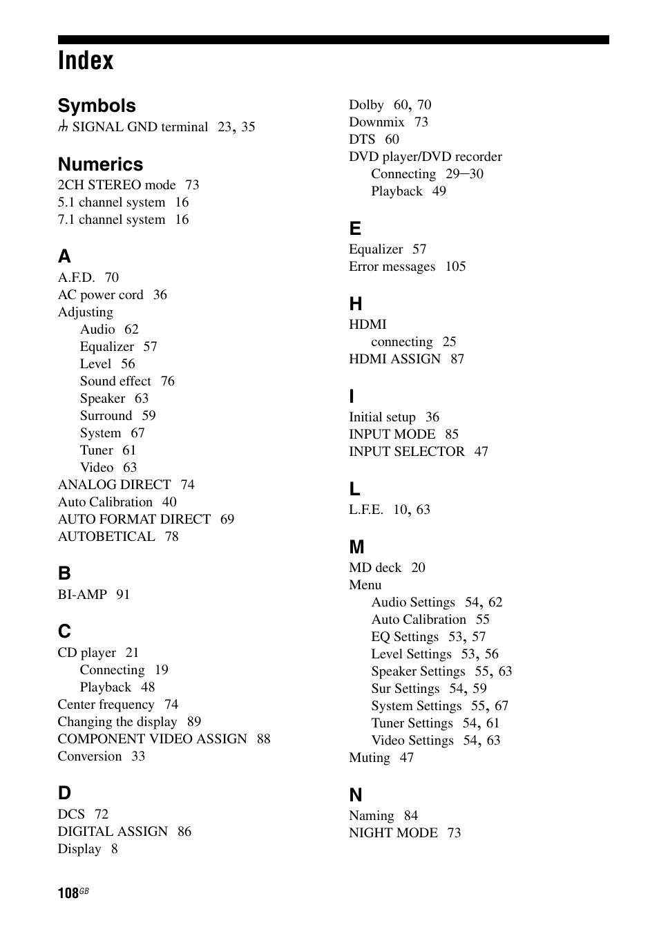 Index, Symbols, Numerics | Sony STR-DA1200ES User Manual | Page 108 / 111