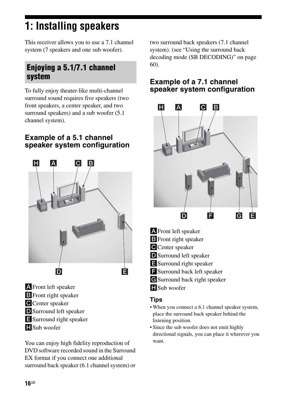 Installing speakers, Enjoying a 5.1/7.1 channel system | Sony STR-DA1200ES User Manual | Page 16 / 111