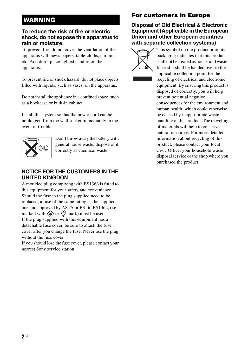 For customers in europe, Warning | Sony STR-DA1200ES User Manual | Page 2 / 111