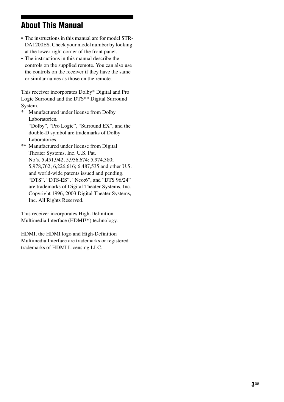 About this manual | Sony STR-DA1200ES User Manual | Page 3 / 111
