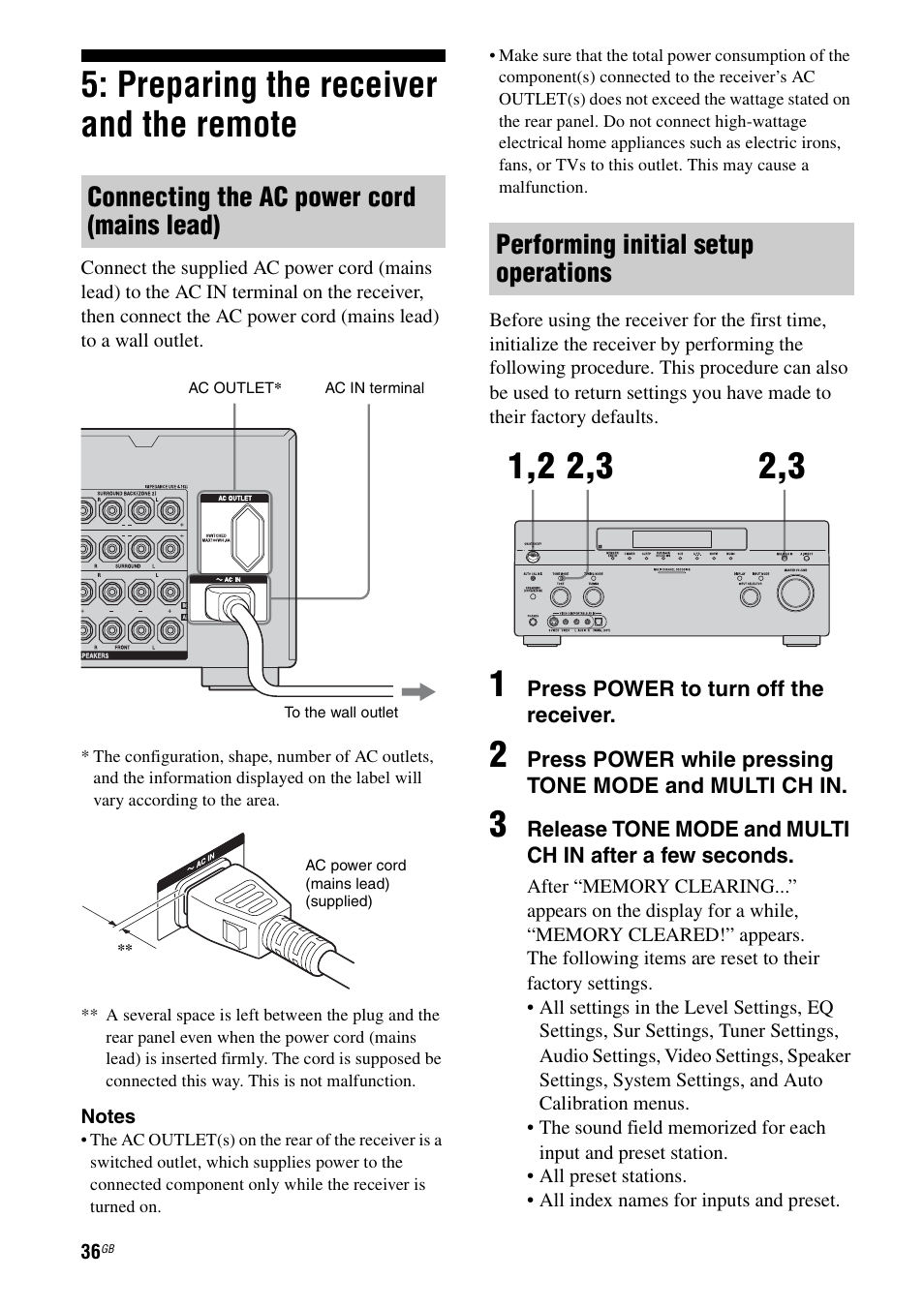 Preparing the receiver and the remote, Connecting the ac power cord (mains lead), Performing initial setup operations | Sony STR-DA1200ES User Manual | Page 36 / 111