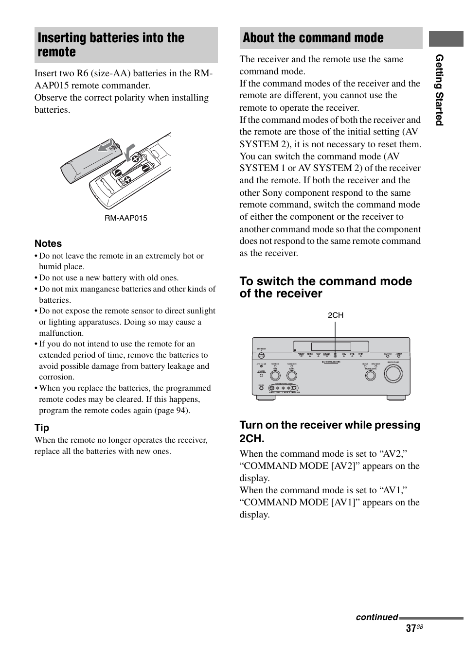 Inserting batteries into the remote, About the command mode | Sony STR-DA1200ES User Manual | Page 37 / 111