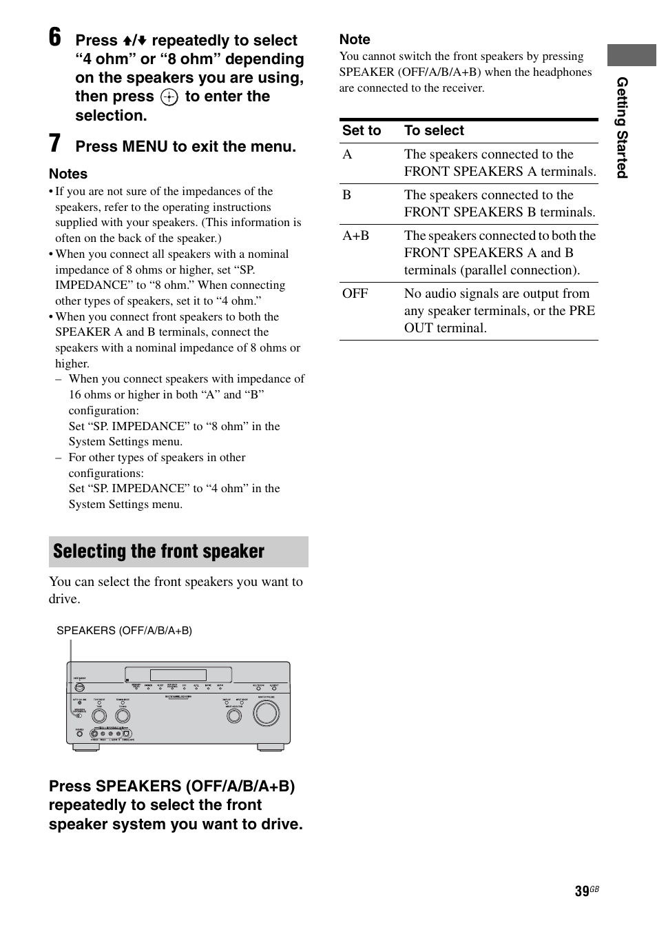 Selecting the front speaker | Sony STR-DA1200ES User Manual | Page 39 / 111