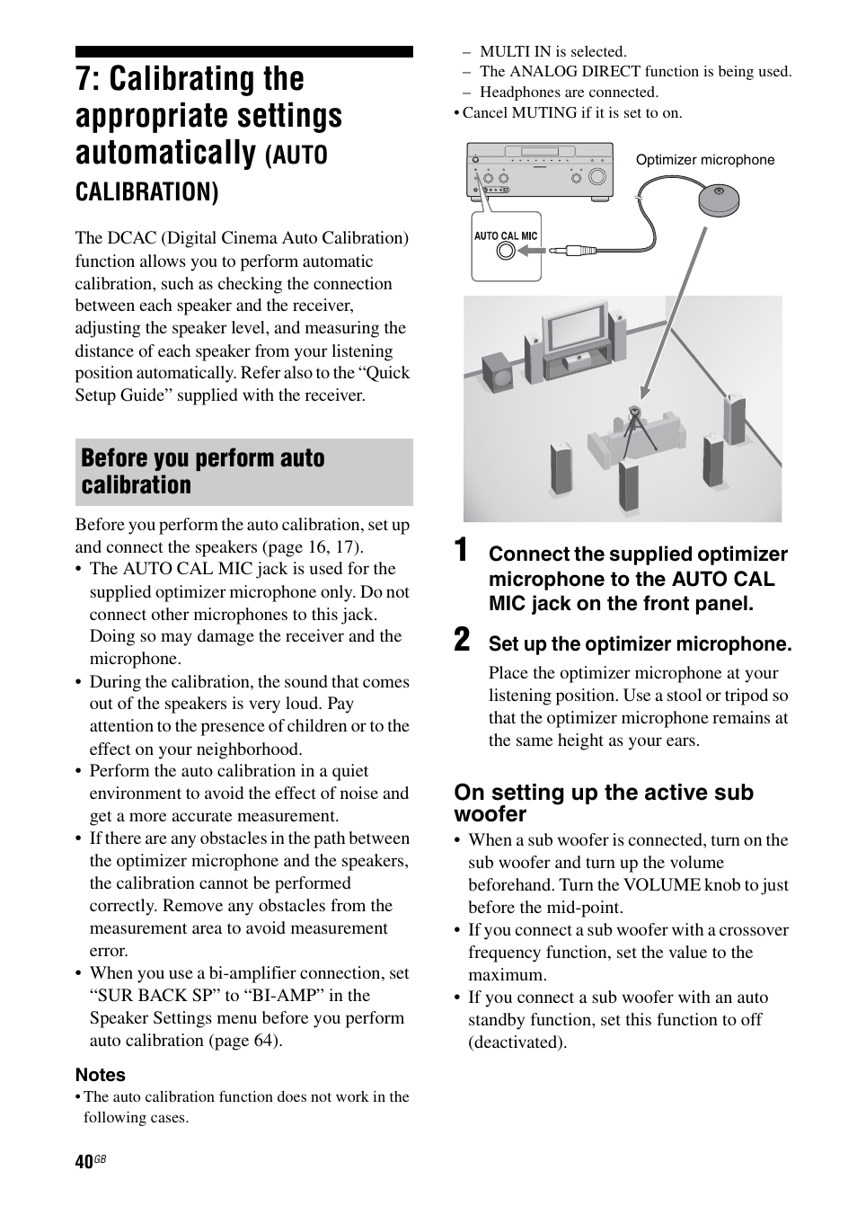 Calibrating the appropriate settings, Automatically (auto calibration), Calibrating the appropriate settings automatically | Auto calibration), Before you perform auto calibration | Sony STR-DA1200ES User Manual | Page 40 / 111