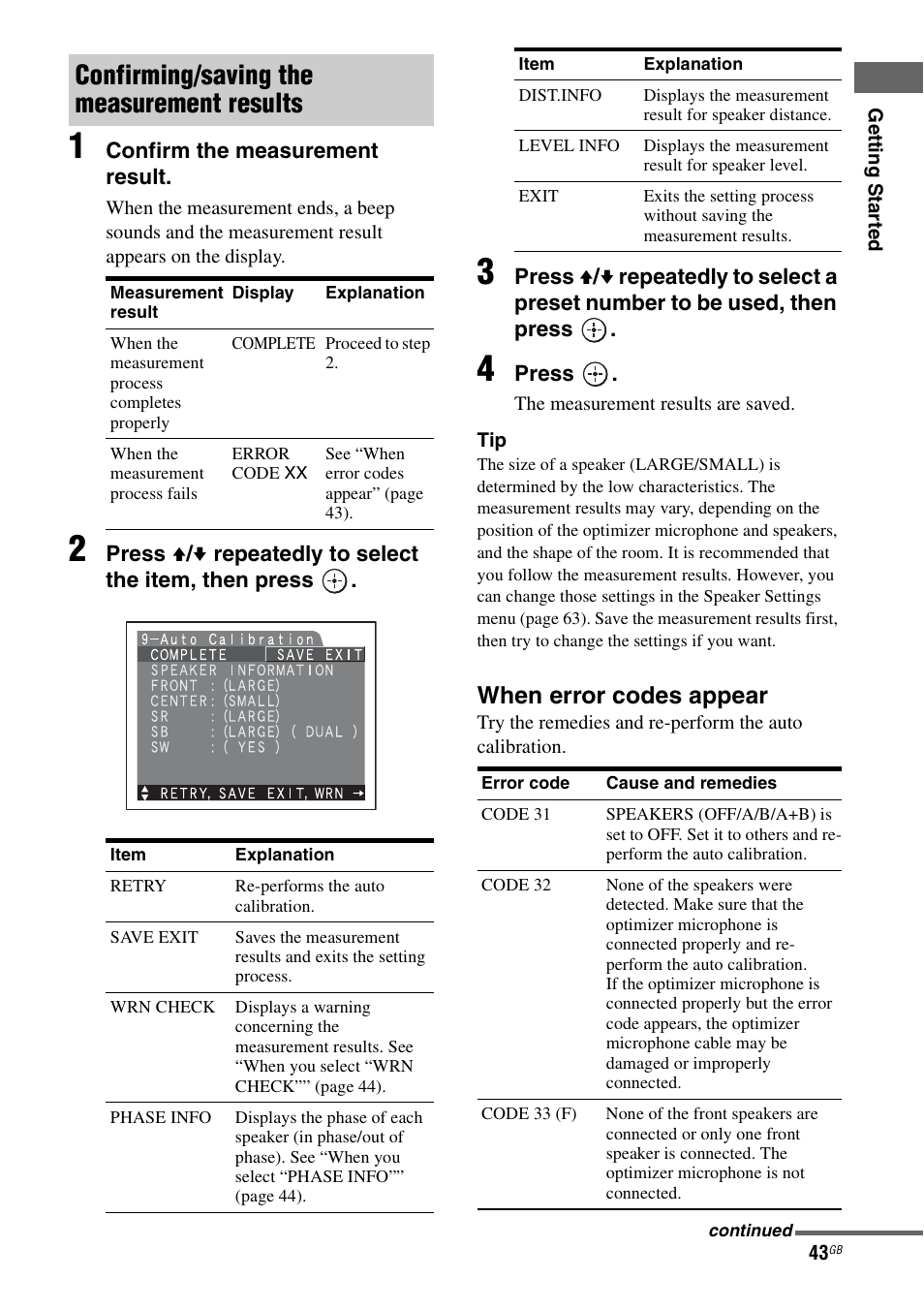 Confirming/saving the measurement results, When error codes appear | Sony STR-DA1200ES User Manual | Page 43 / 111