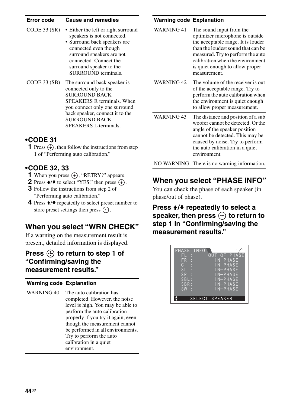 When you select “wrn check, E 44), When you select “phase info | Sony STR-DA1200ES User Manual | Page 44 / 111