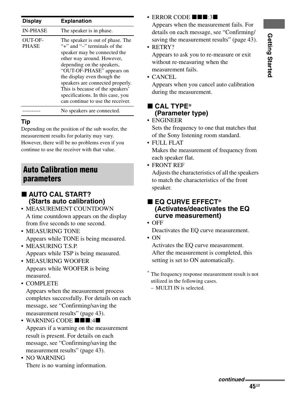 Auto calibration menu parameters | Sony STR-DA1200ES User Manual | Page 45 / 111