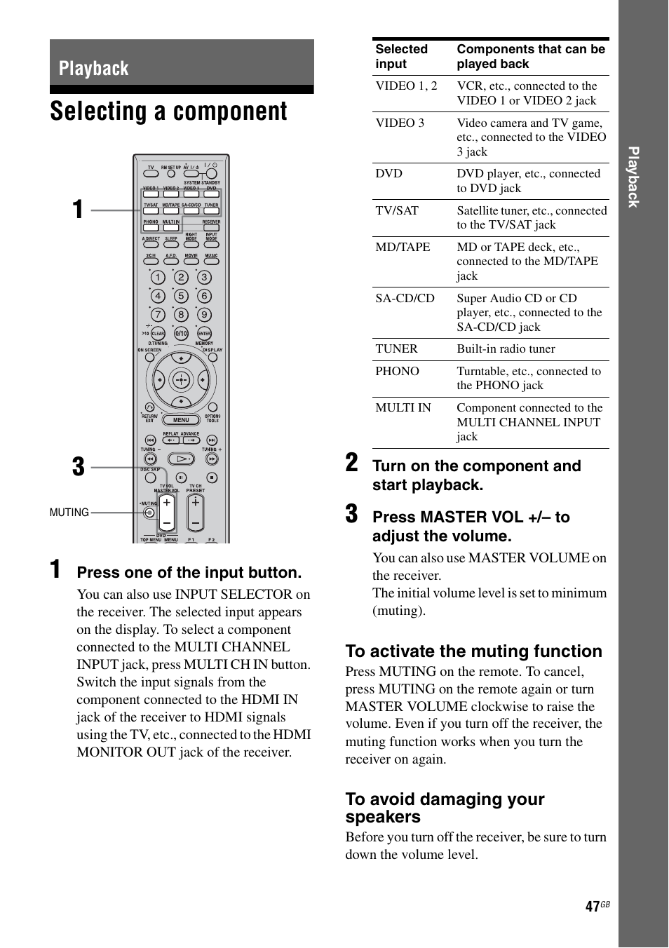 Playback, Selecting a component, E 47) | E 47, Selecting a component 1 | Sony STR-DA1200ES User Manual | Page 47 / 111