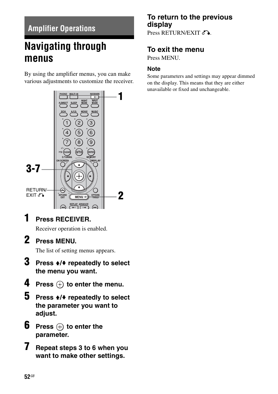 Amplifier operations, Navigating through menus, E 52 | Sony STR-DA1200ES User Manual | Page 52 / 111