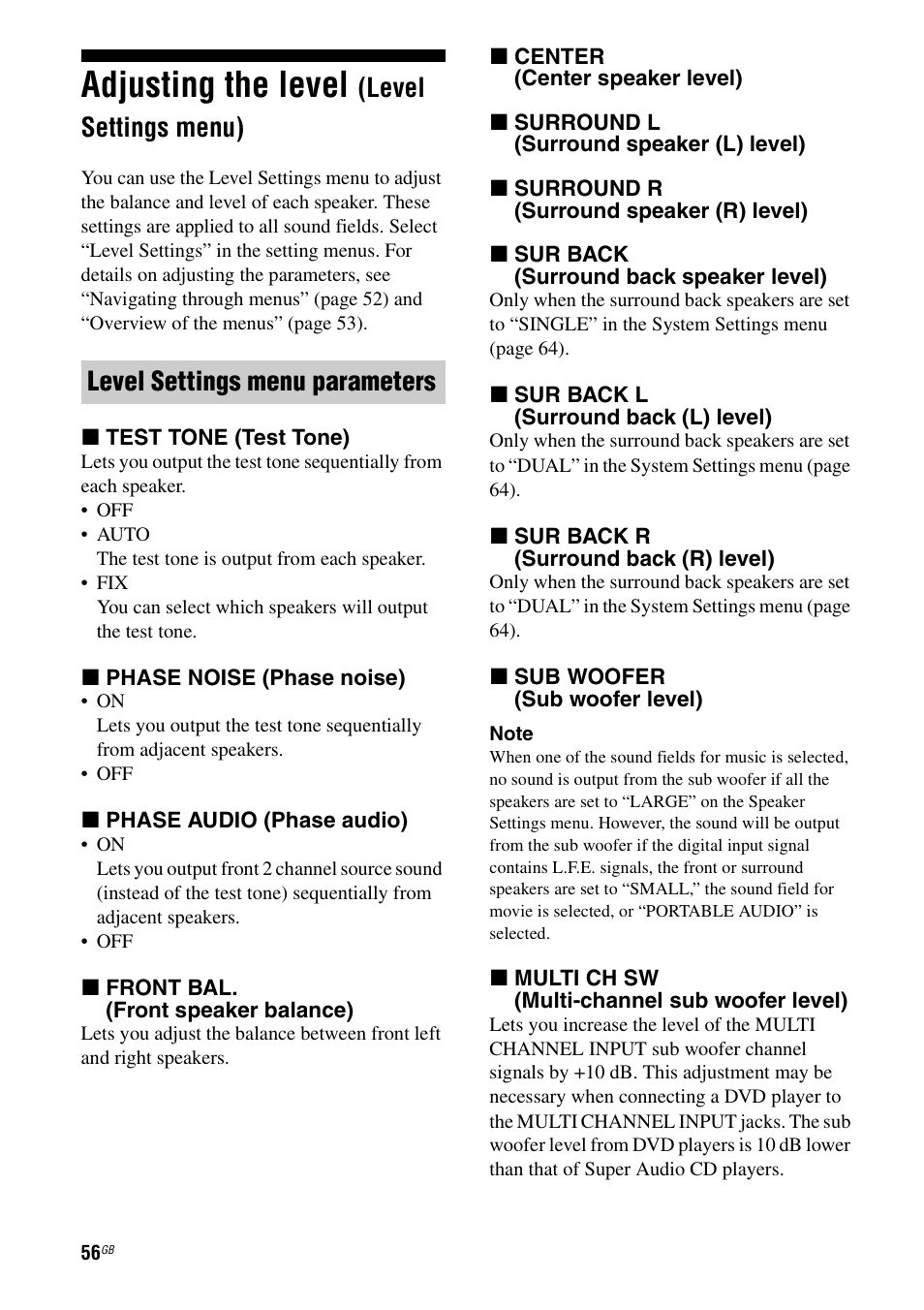 Adjusting the level (level settings menu), Adjusting the level, Level settings menu) | Ge 56, Level settings menu parameters | Sony STR-DA1200ES User Manual | Page 56 / 111