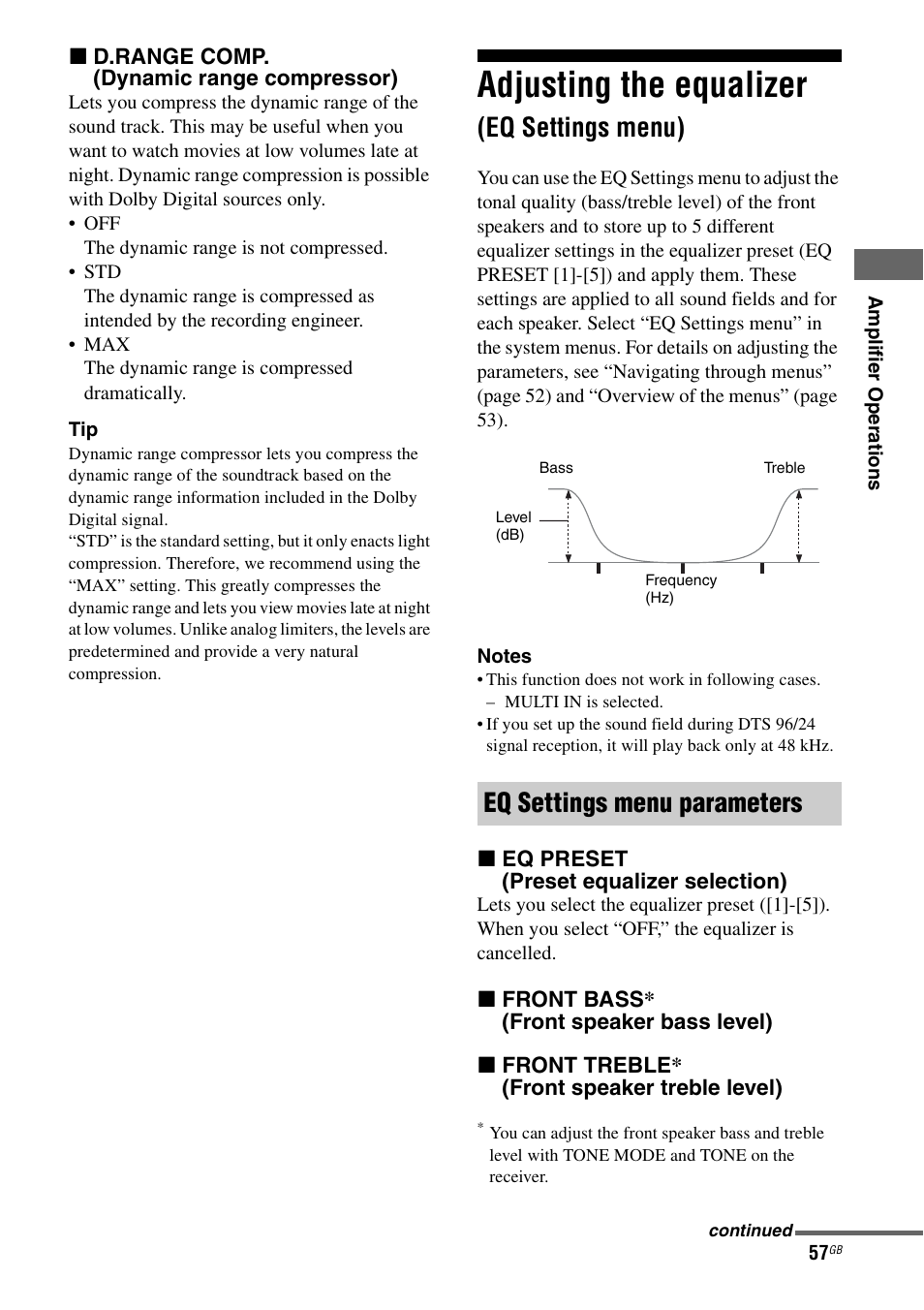 Adjusting the equalizer (eq settings menu), Adjusting the equalizer, Eq settings menu) | E 57), Ge 57, Eq settings menu parameters | Sony STR-DA1200ES User Manual | Page 57 / 111