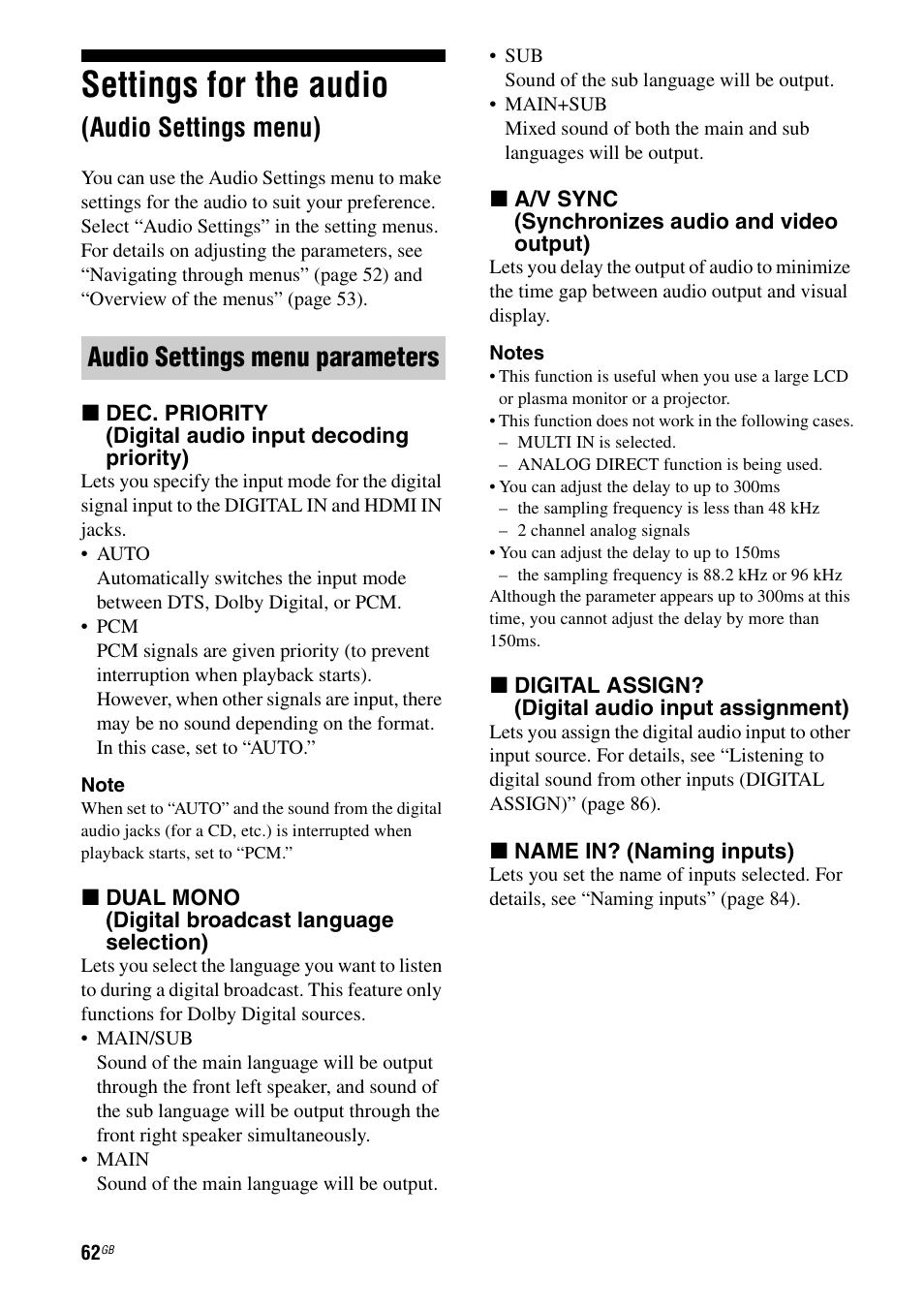 Settings for the audio (audio settings menu), Settings for the audio, Audio settings menu) | Audio settings menu parameters | Sony STR-DA1200ES User Manual | Page 62 / 111