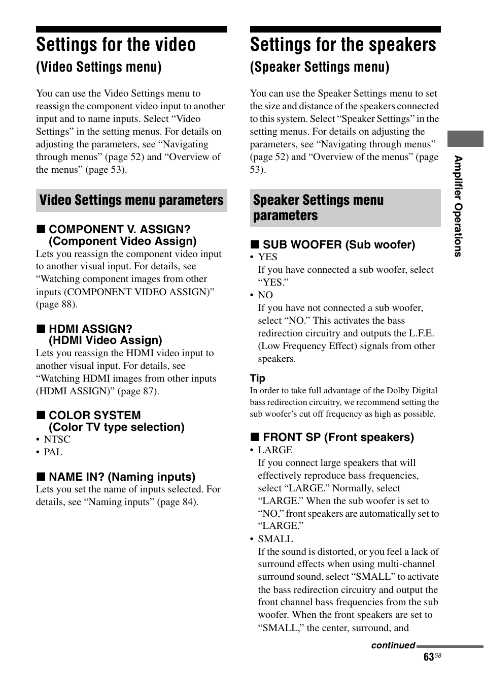 Settings for the video (video settings menu), Settings for the speakers (speaker settings menu), Settings for the video | Video settings menu), Settings for the speakers, Speaker settings menu), E 63), Ge 63 | Sony STR-DA1200ES User Manual | Page 63 / 111