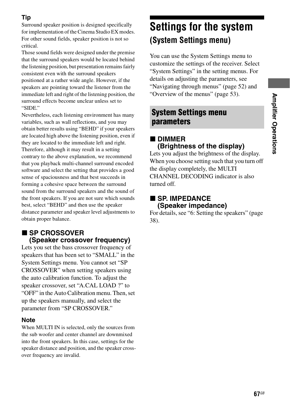 Settings for the system (system settings menu), Settings for the system, System settings menu) | Ge 67, System settings menu parameters | Sony STR-DA1200ES User Manual | Page 67 / 111