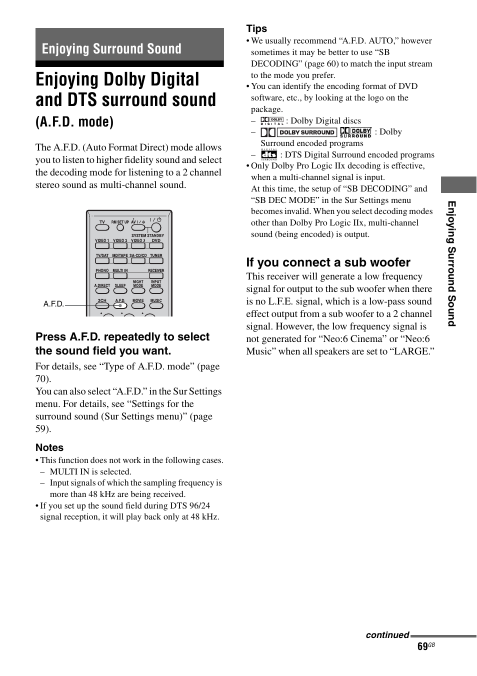 Enjoying surround sound, Enjoying dolby digital and dts surround, Sound (a.f.d. mode) | E 69), See “enjoying surround sound, Enjoying dolby digital and dts surround sound, A.f.d. mode), If you connect a sub woofer | Sony STR-DA1200ES User Manual | Page 69 / 111