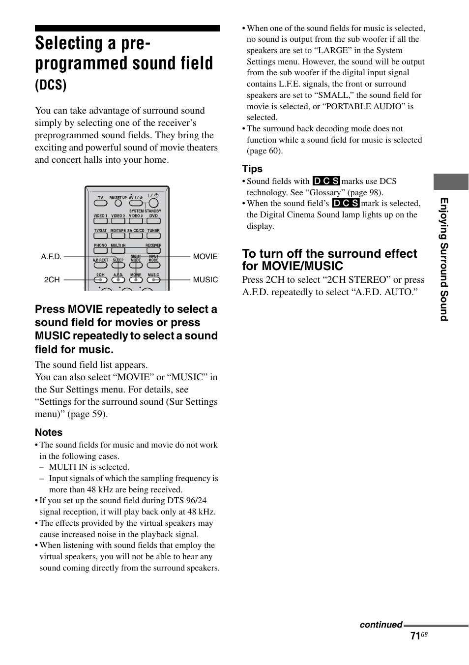 Selecting a pre- programmed sound field (dcs), Selecting a pre-programmed sound field, Dcs) | Selecting a pre- programmed sound field | Sony STR-DA1200ES User Manual | Page 71 / 111