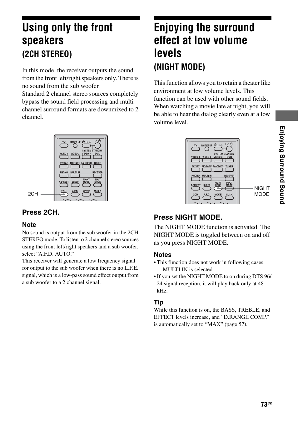 Using only the front speakers (2ch stereo), Using only the front speakers, 2ch stereo) | Enjoying the surround effect at low volume, Levels (night mode), Enjoying the surround effect at low volume levels, Night mode) | Sony STR-DA1200ES User Manual | Page 73 / 111