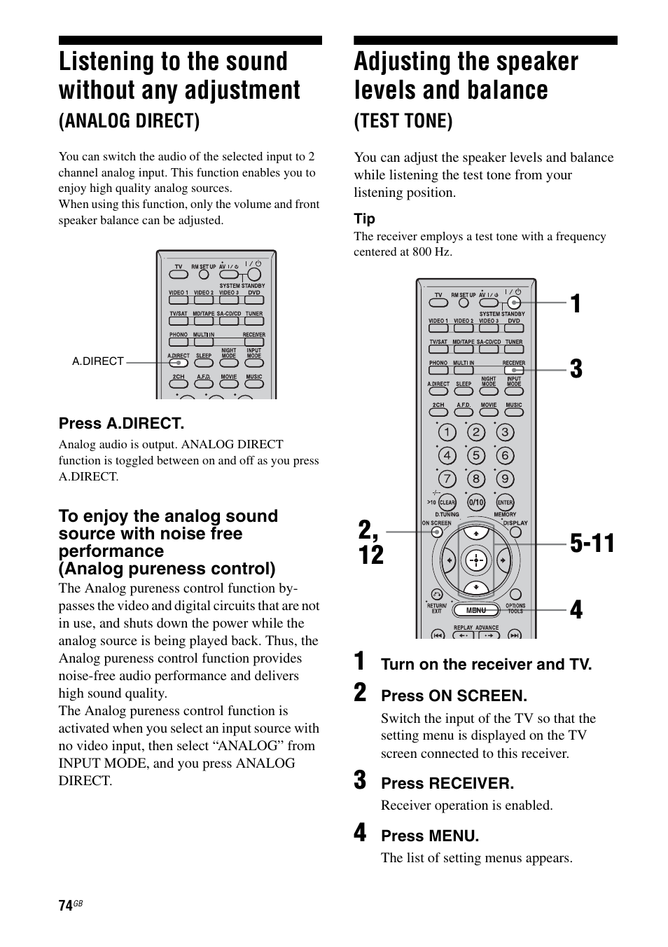 Listening to the sound without any adjustment, Analog direct), Adjusting the speaker levels and balance | Test tone), E 74 | Sony STR-DA1200ES User Manual | Page 74 / 111