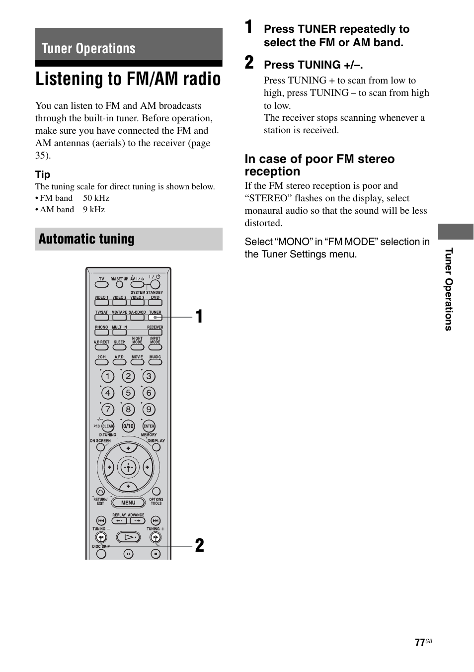 Tuner operations, Listening to fm/am radio, E 77 | Tuner operations automatic tuning | Sony STR-DA1200ES User Manual | Page 77 / 111