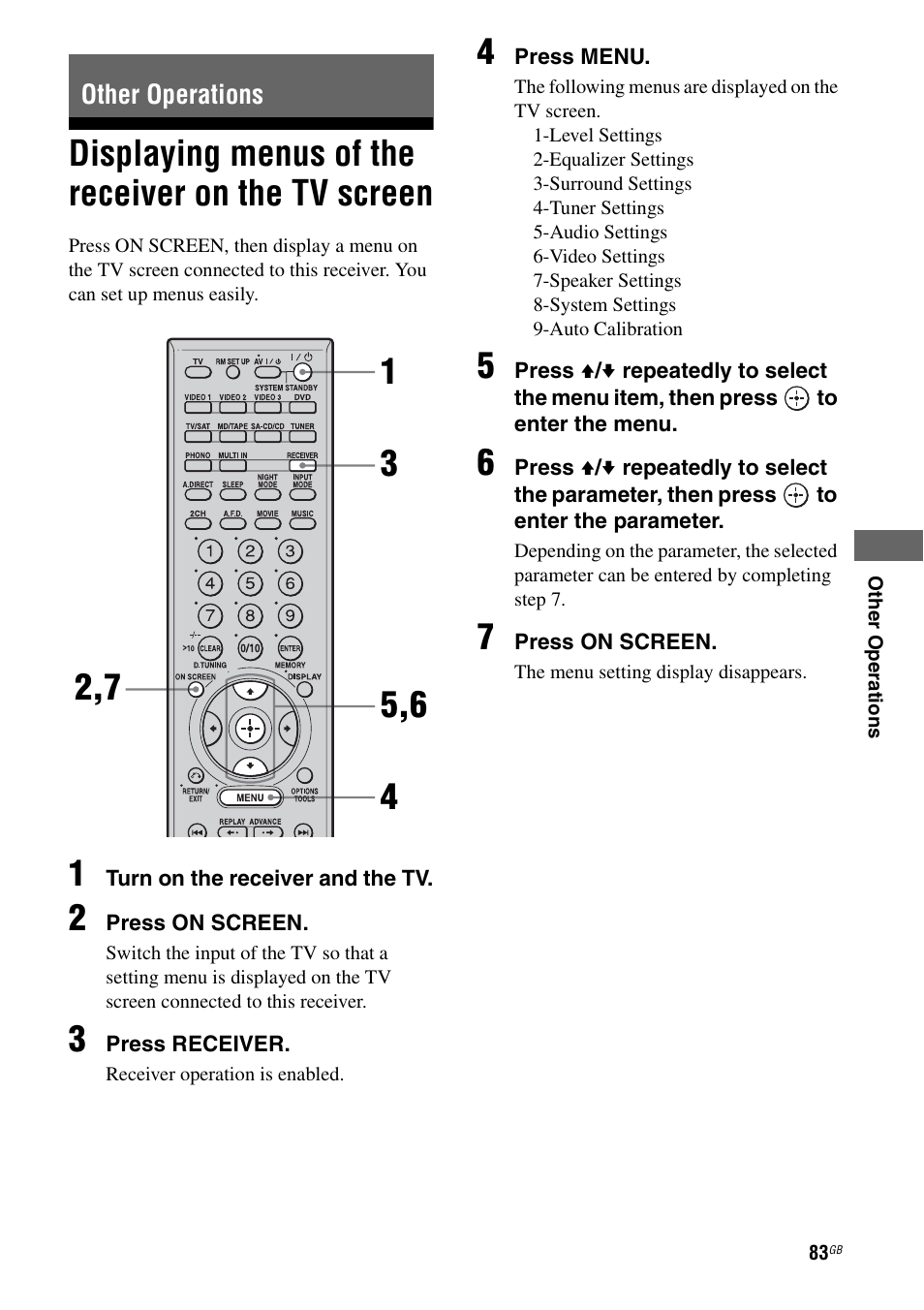 Other operations, Displaying menus of the receiver on the tv screen, Displaying menus of the receiver on the tv | Screen, E 83, E 83) | Sony STR-DA1200ES User Manual | Page 83 / 111