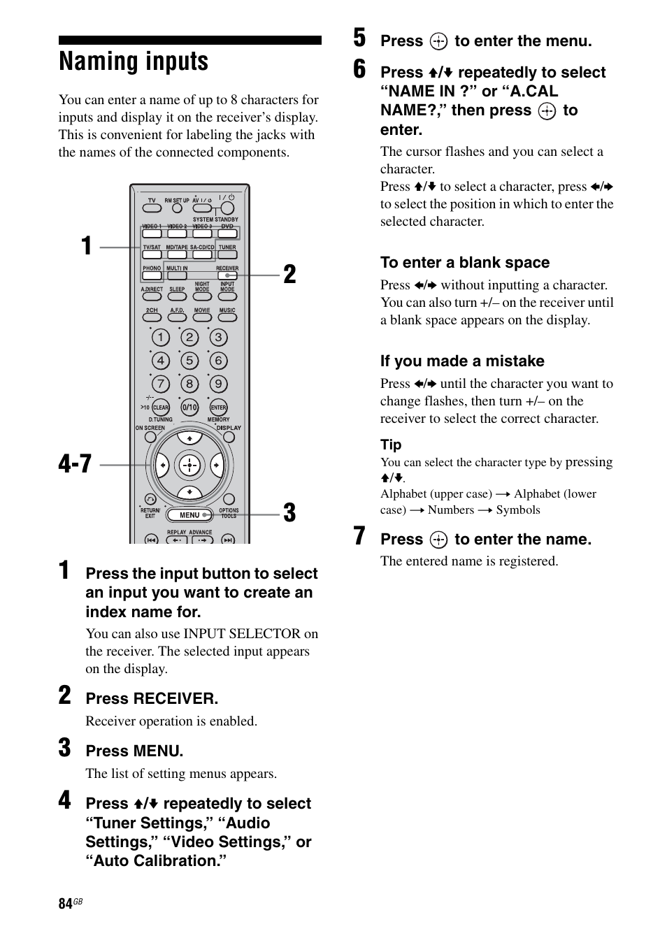 Naming inputs, 84) etc, E 84 | Ge 84 | Sony STR-DA1200ES User Manual | Page 84 / 111