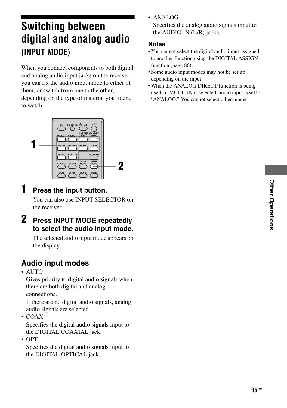 Switching between digital and analog audio, Input mode), E 85 | E 85) | Sony STR-DA1200ES User Manual | Page 85 / 111