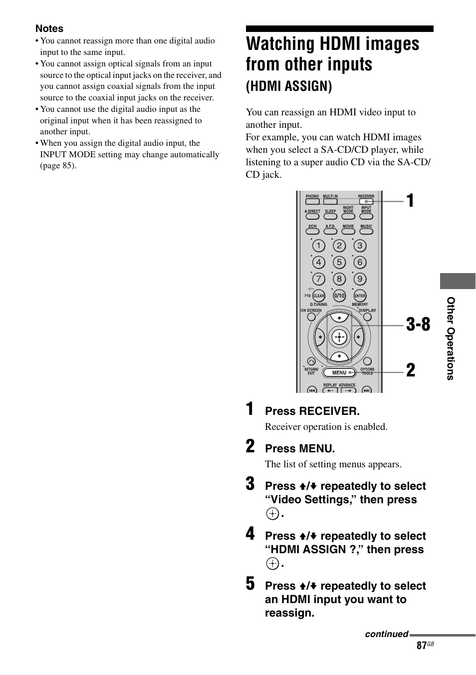 Watching hdmi images from other inputs, Hdmi assign) | Sony STR-DA1200ES User Manual | Page 87 / 111