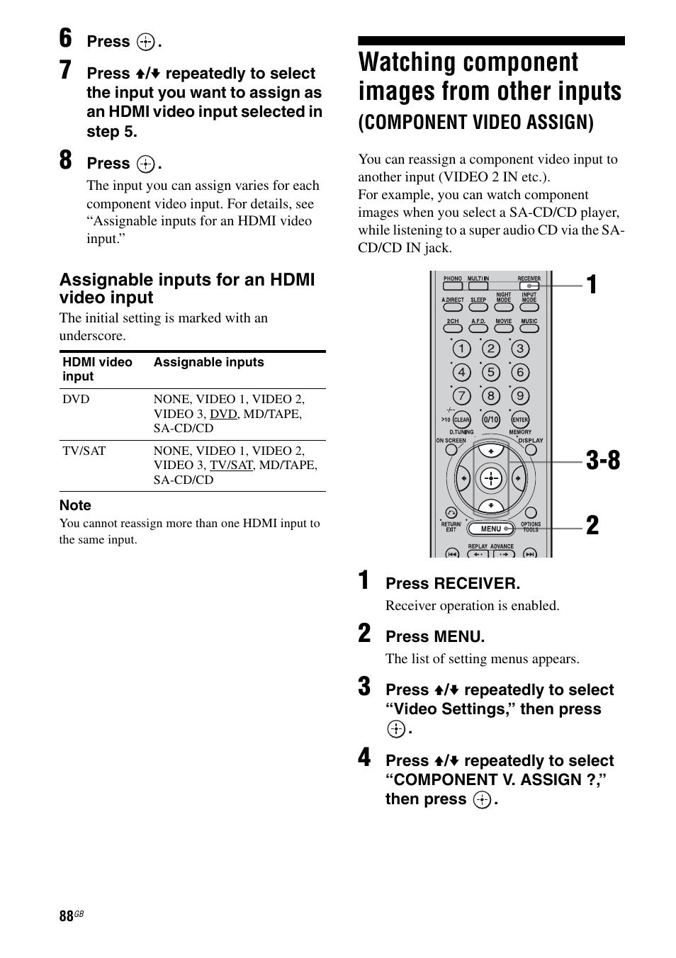 Watching component images from other, Inputs (component video assign), E 88) | Watching component images from other inputs | Sony STR-DA1200ES User Manual | Page 88 / 111