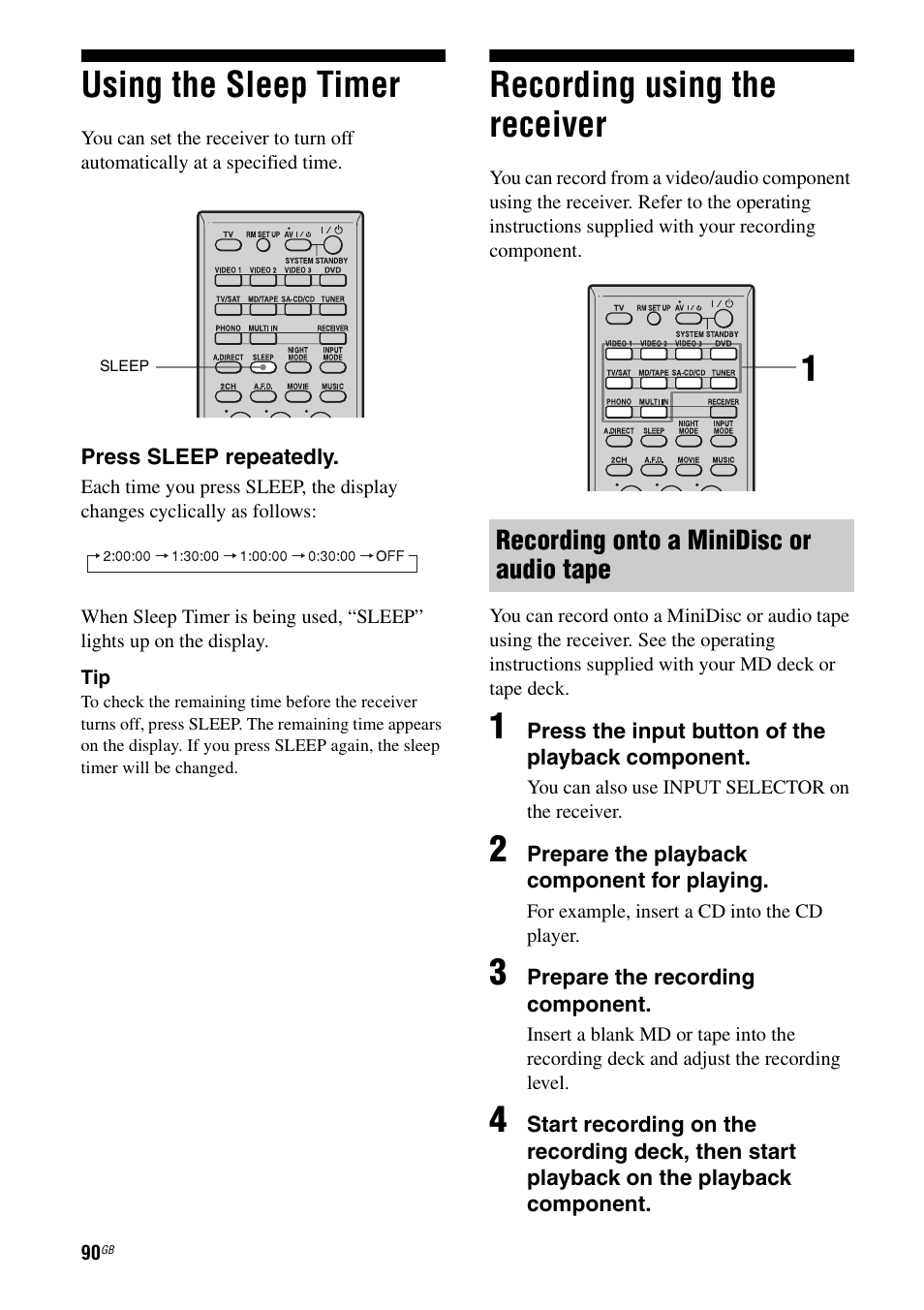 Using the sleep timer, Recording using the receiver, Using the sleep timer recording using the receiver | Sony STR-DA1200ES User Manual | Page 90 / 111