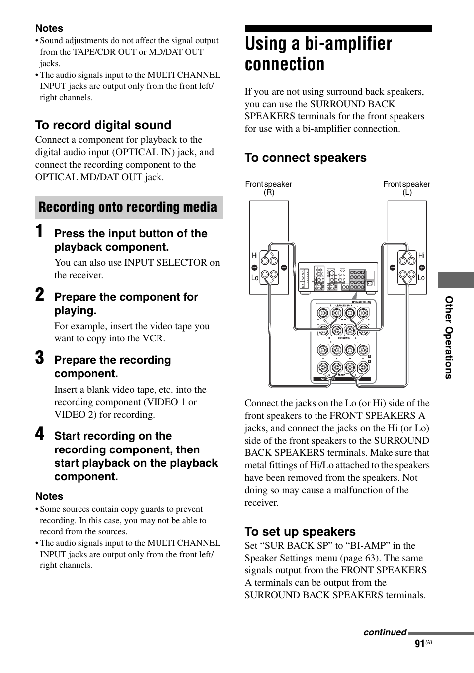 Using a bi-amplifier connection, Recording onto recording media | Sony STR-DA1200ES User Manual | Page 91 / 111