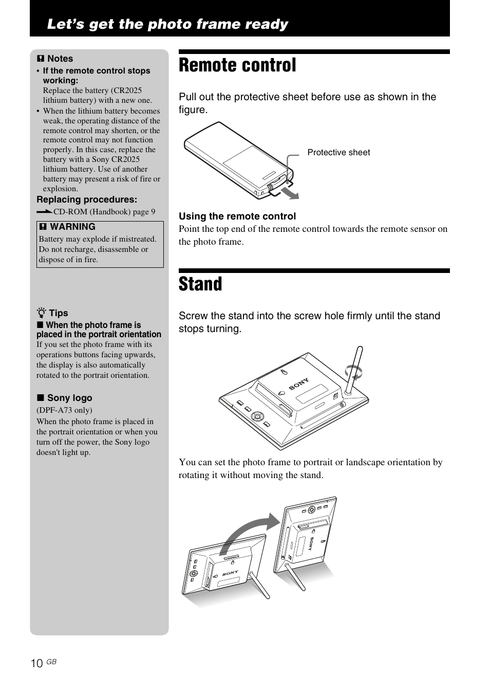 Let’s get the photo frame ready, Remote control, Stand | Remote control stand | Sony DPF-A73/E73 User Manual | Page 10 / 28