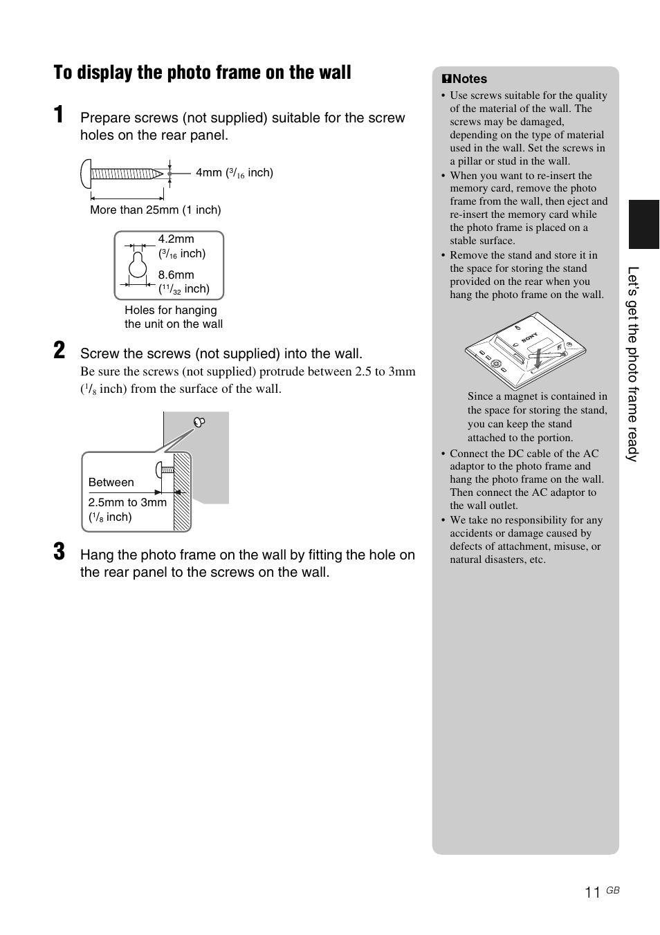 To display the photo frame on the wall | Sony DPF-A73/E73 User Manual | Page 11 / 28