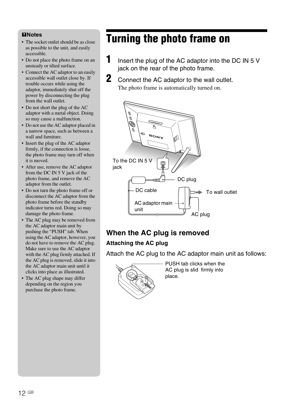 Turning the photo frame on, When the ac plug is removed | Sony DPF-A73/E73 User Manual | Page 12 / 28