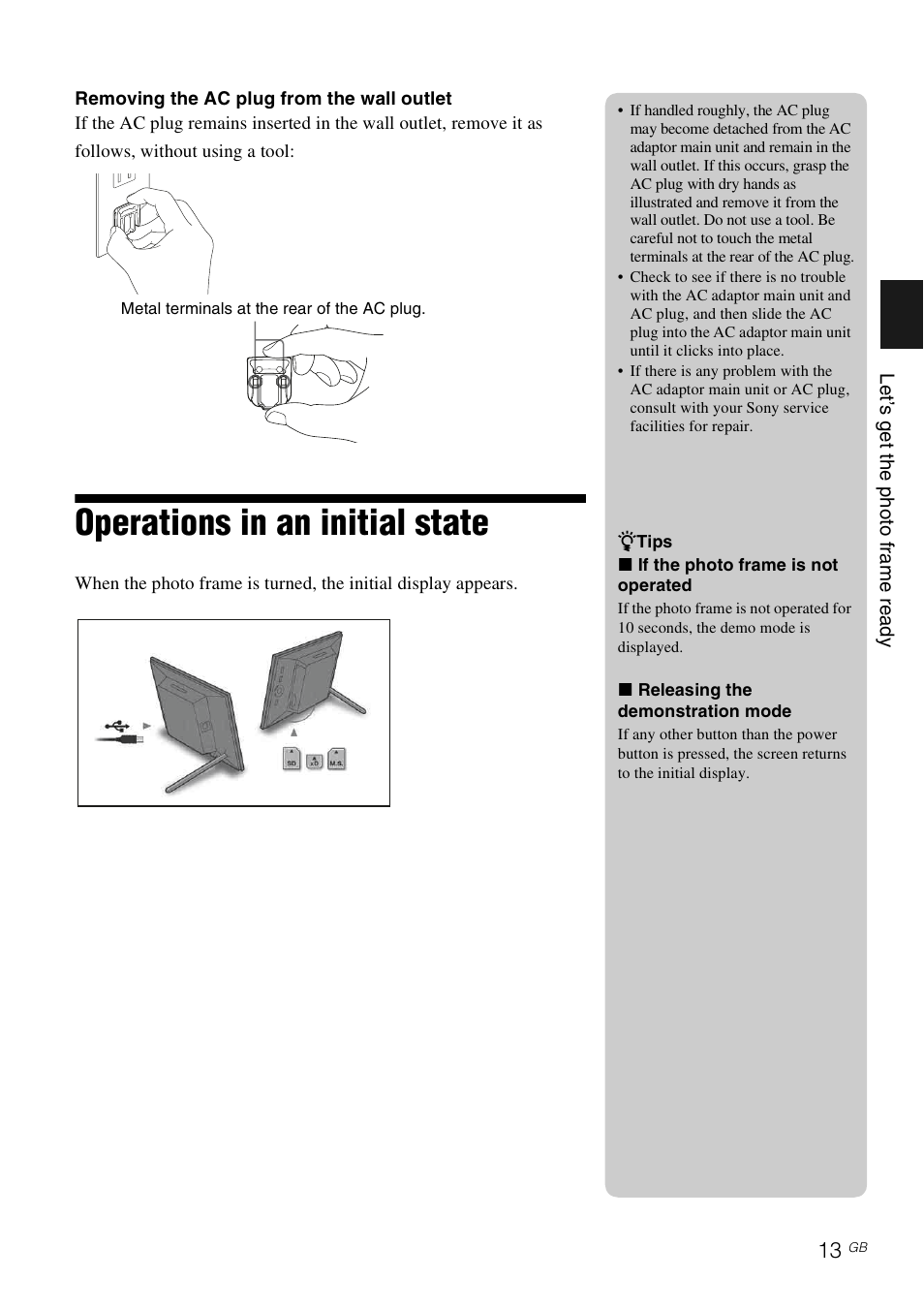 Operations in an initial state | Sony DPF-A73/E73 User Manual | Page 13 / 28