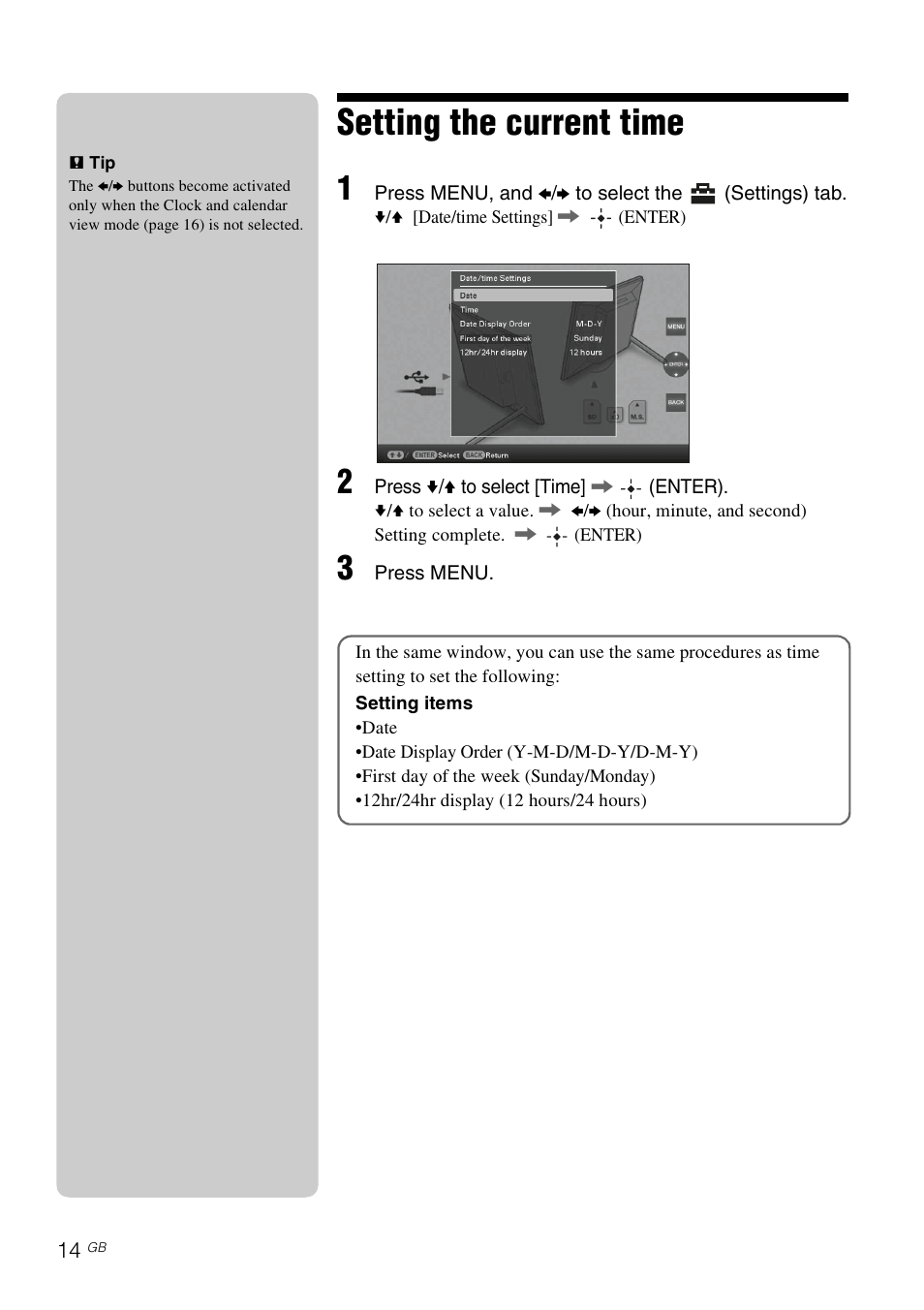 Setting the current time | Sony DPF-A73/E73 User Manual | Page 14 / 28