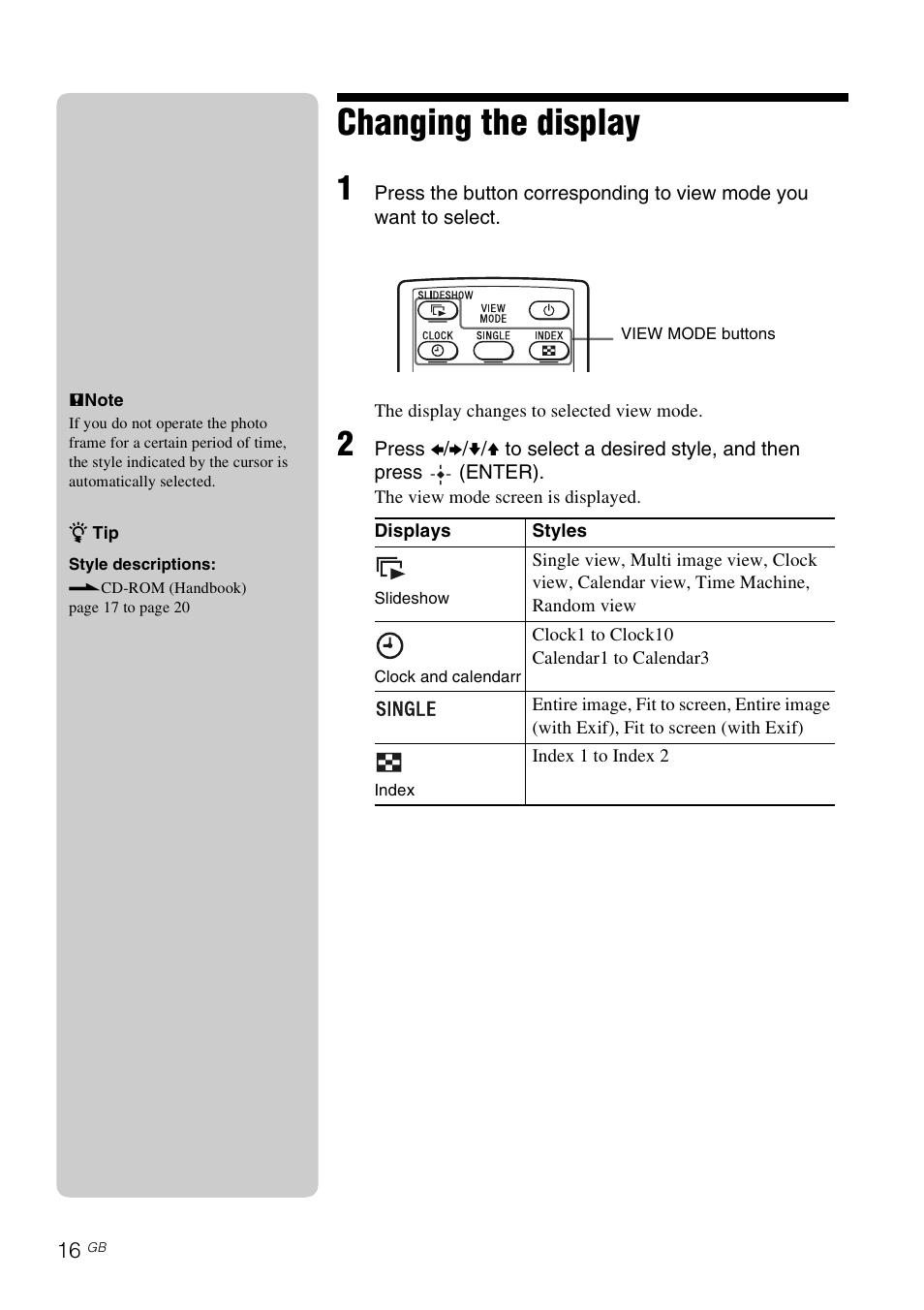 Changing the display | Sony DPF-A73/E73 User Manual | Page 16 / 28