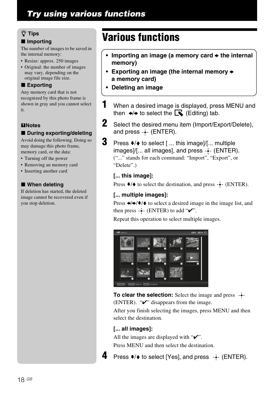 Try using various functions, Various functions | Sony DPF-A73/E73 User Manual | Page 18 / 28