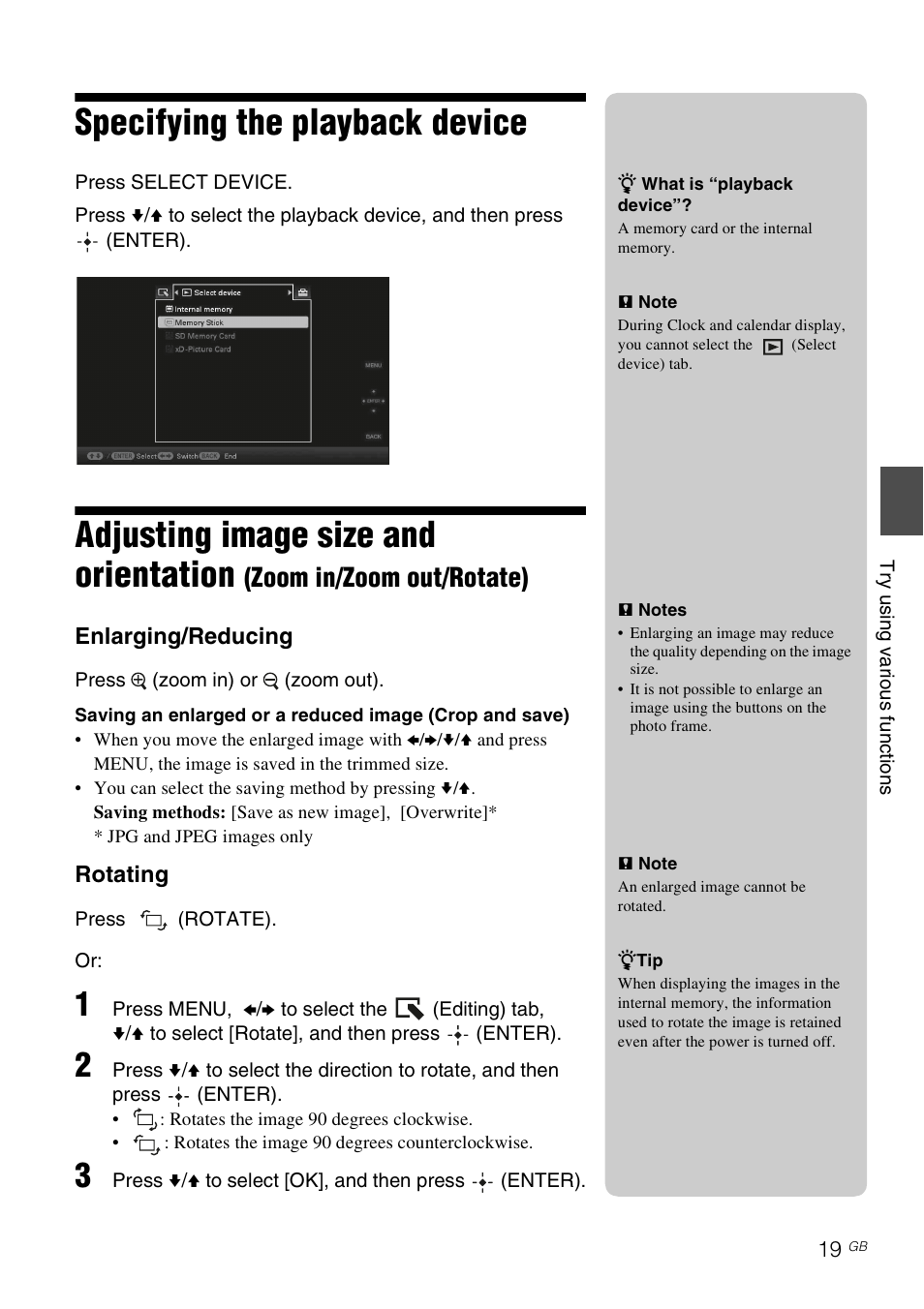 Specifying the playback device, Adjusting image size and orientation, Zoom in/zoom out/rotate) | Sony DPF-A73/E73 User Manual | Page 19 / 28