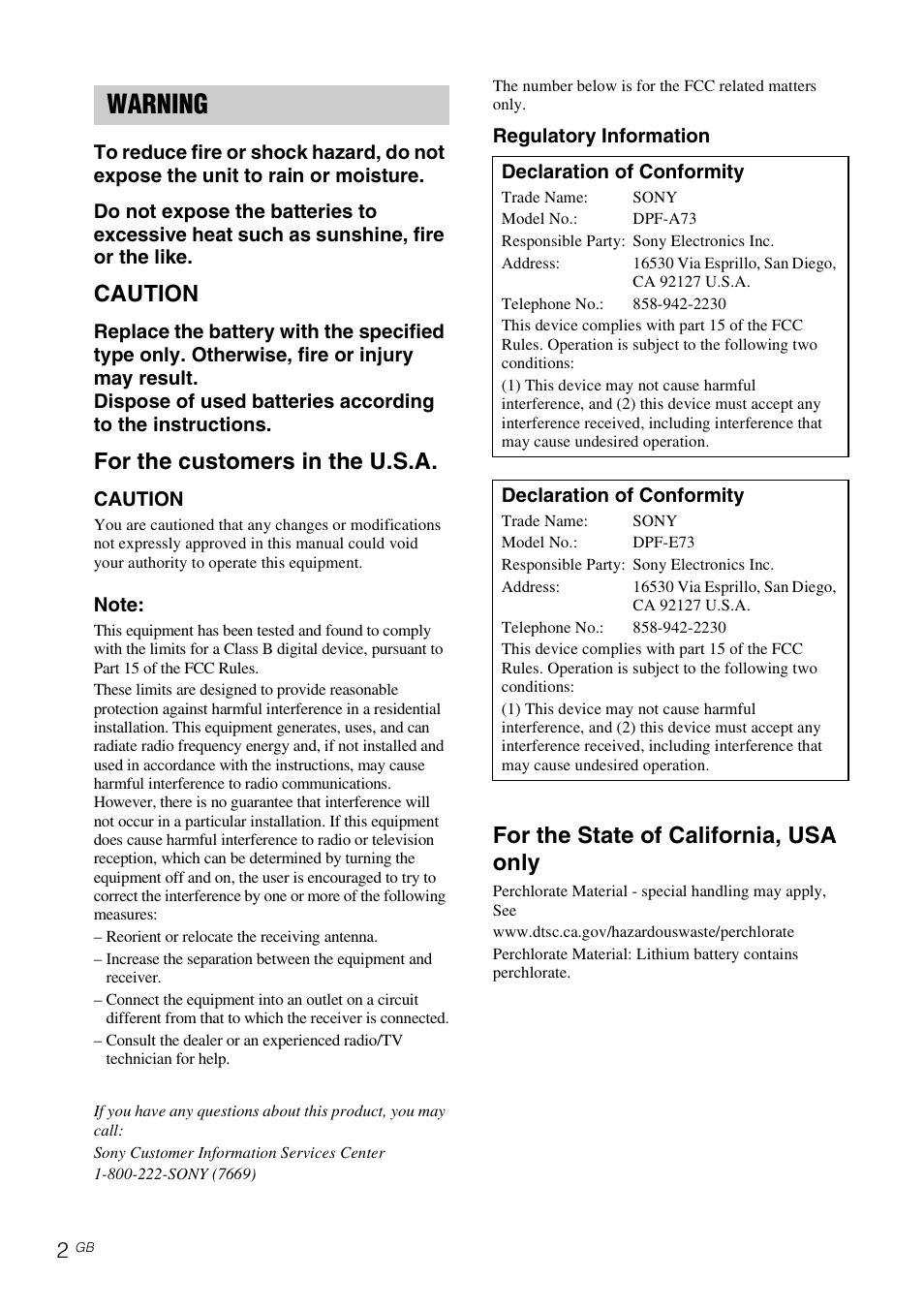 Warning, Caution, For the customers in the u.s.a | For the state of california, usa only | Sony DPF-A73/E73 User Manual | Page 2 / 28