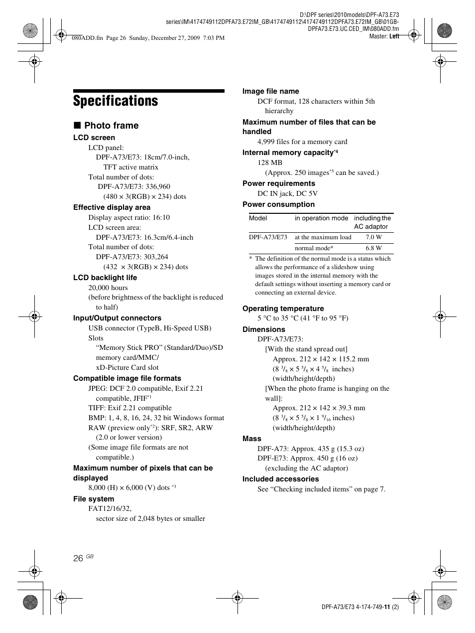 Specifications, X photo frame | Sony DPF-A73/E73 User Manual | Page 26 / 28