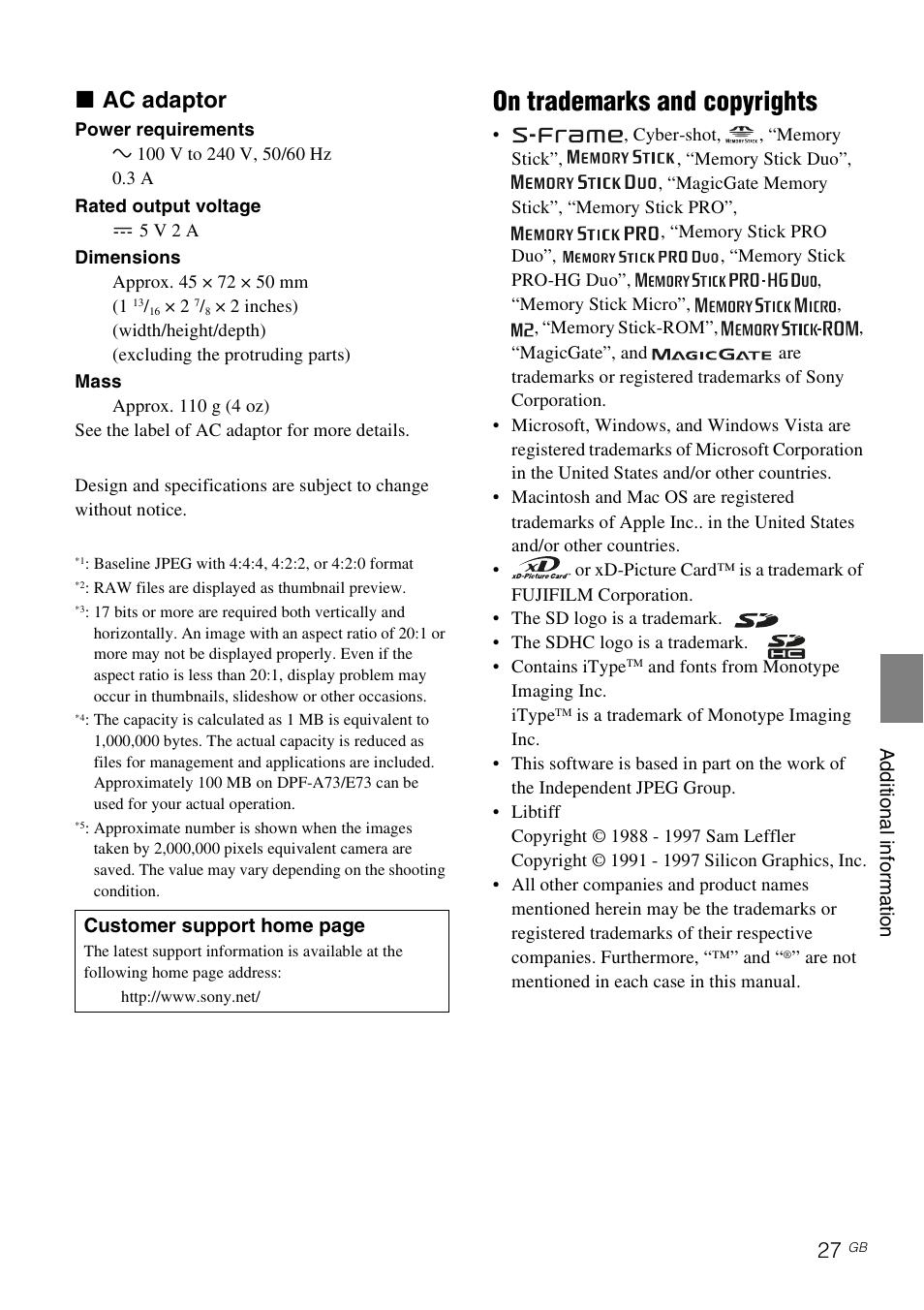 On trademarks and copyrights, X ac adaptor | Sony DPF-A73/E73 User Manual | Page 27 / 28