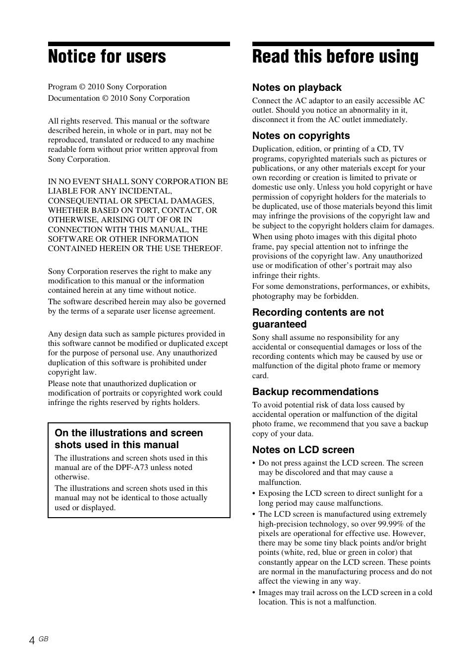 Read this before using, Notice for users | Sony DPF-A73/E73 User Manual | Page 4 / 28