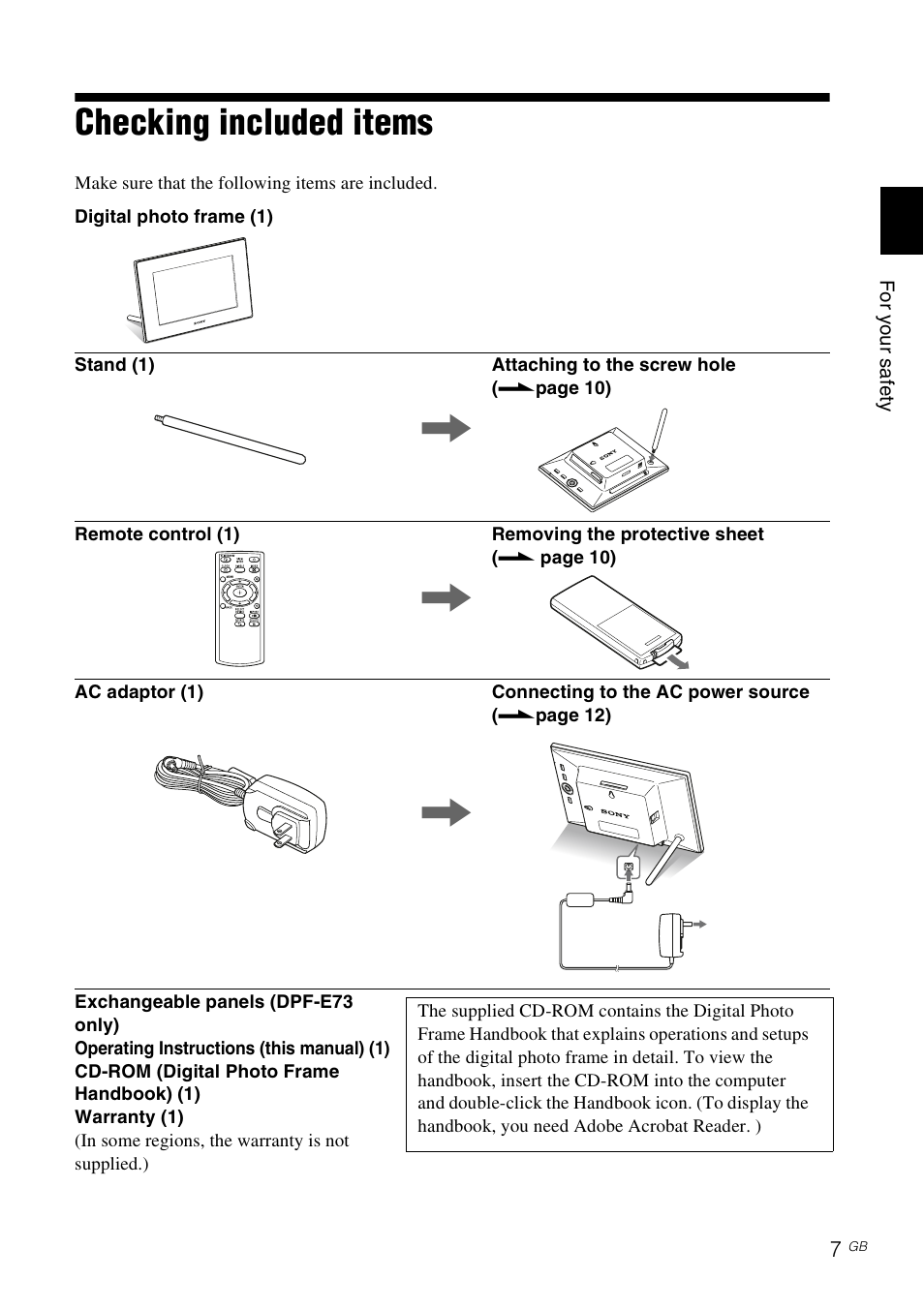 For your safety, Checking included items, O you sa e y | Sony DPF-A73/E73 User Manual | Page 7 / 28