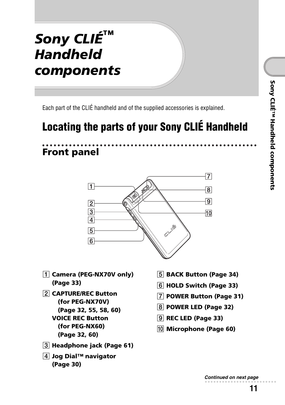 Sony clié™ handheld components, Locating the parts of your sony clié handheld, Front panel | Sony clié, Handheld, Components, Locating the parts of your sony clié, Handheld components | Sony PEG-NX60 User Manual | Page 11 / 104