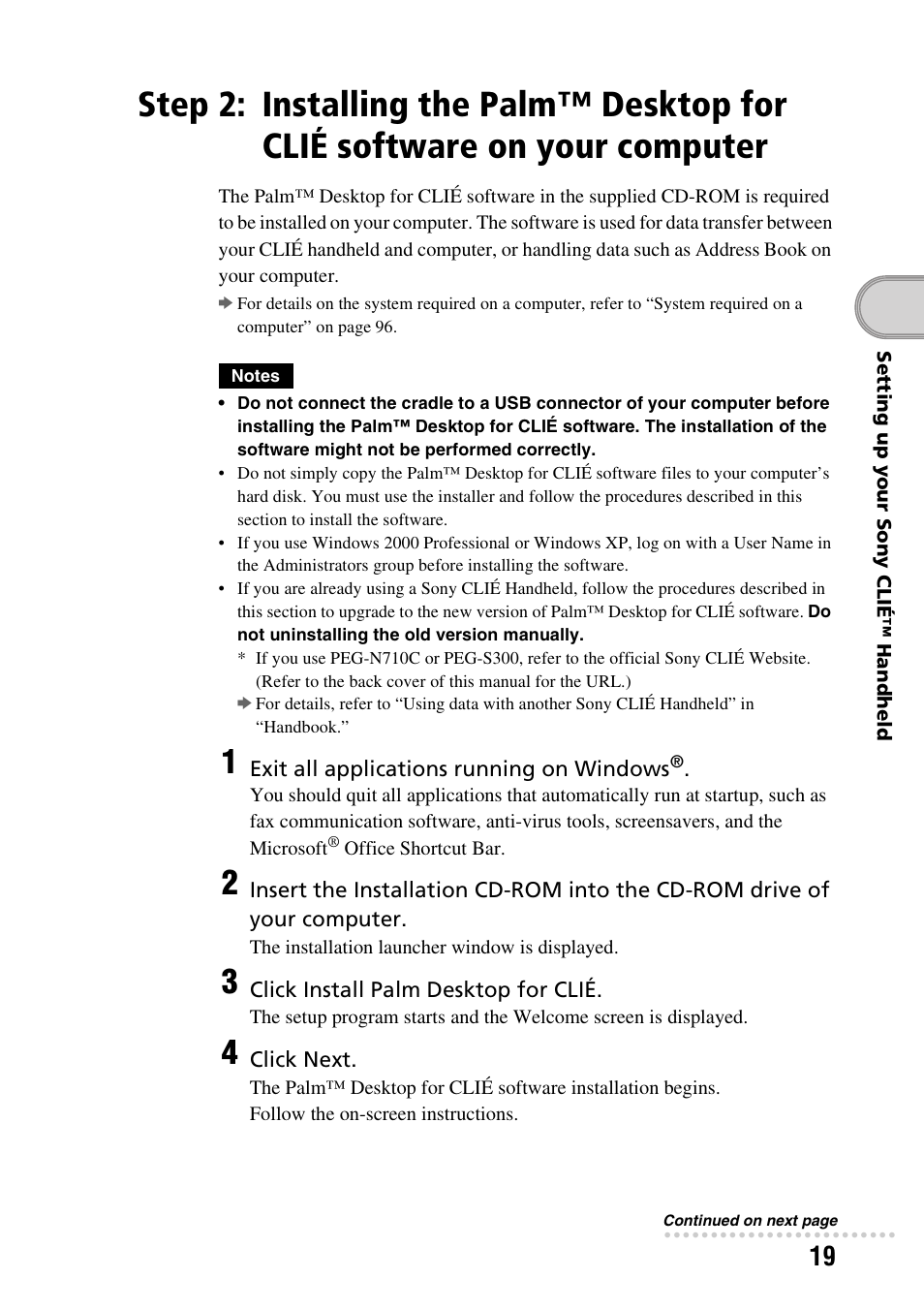 Installing the palm™ desktop for clié, Software on your computer | Sony PEG-NX60 User Manual | Page 19 / 104