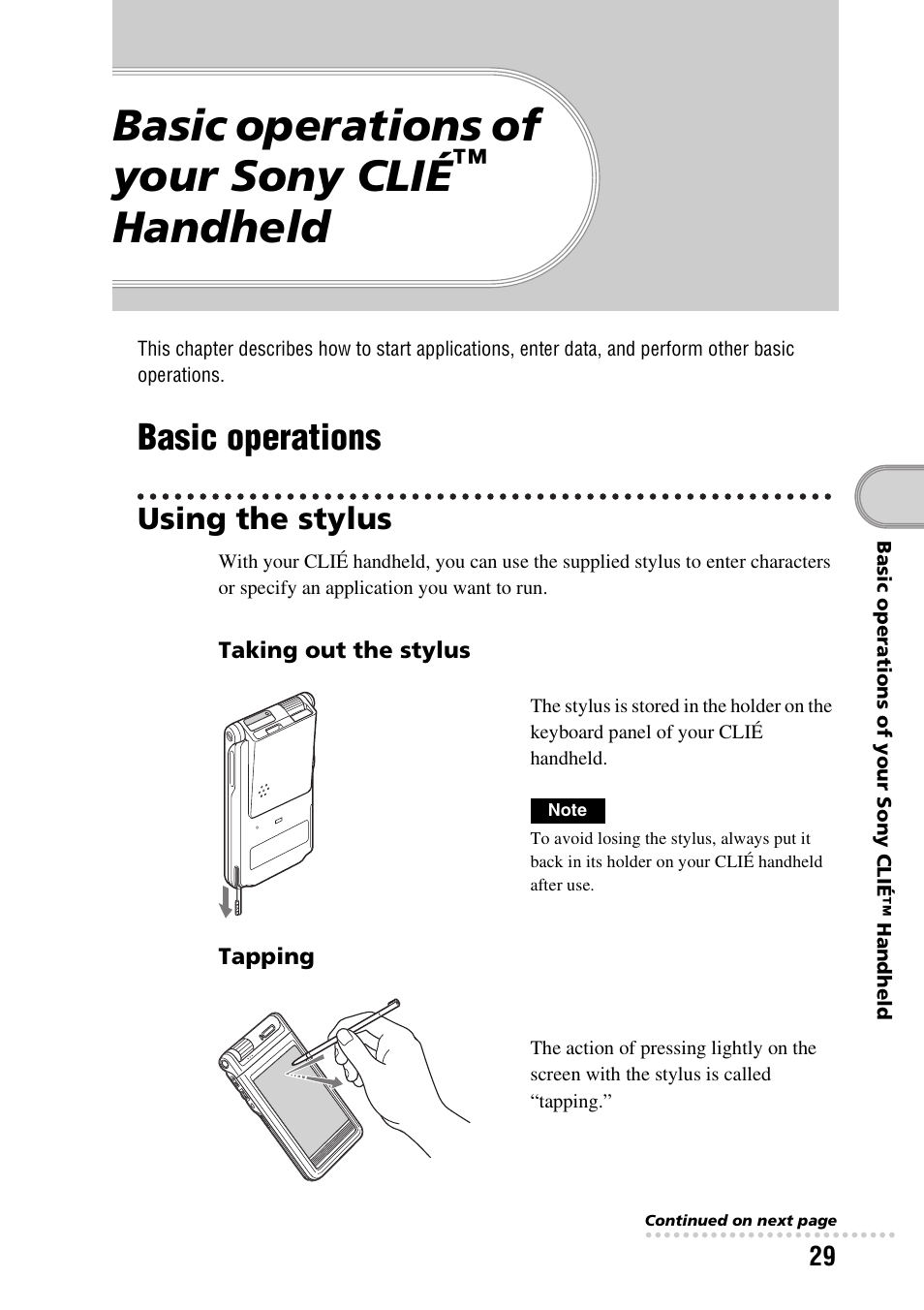 Basic operations of your sony clié™ handheld, Basic operations, Using the stylus | Basic operations of your sony clié, Handheld | Sony PEG-NX60 User Manual | Page 29 / 104